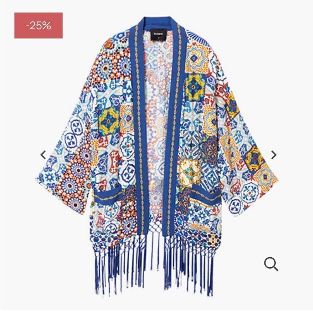 Desigual kimono beachy blouse, multi color, fringe, size L